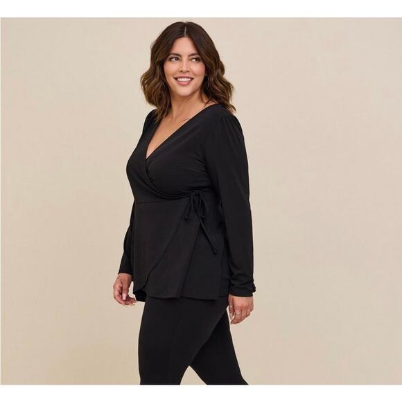 Torrid Black V-Neck Wrap Tie Long Sleeve Blouse - Picture 1 of 8